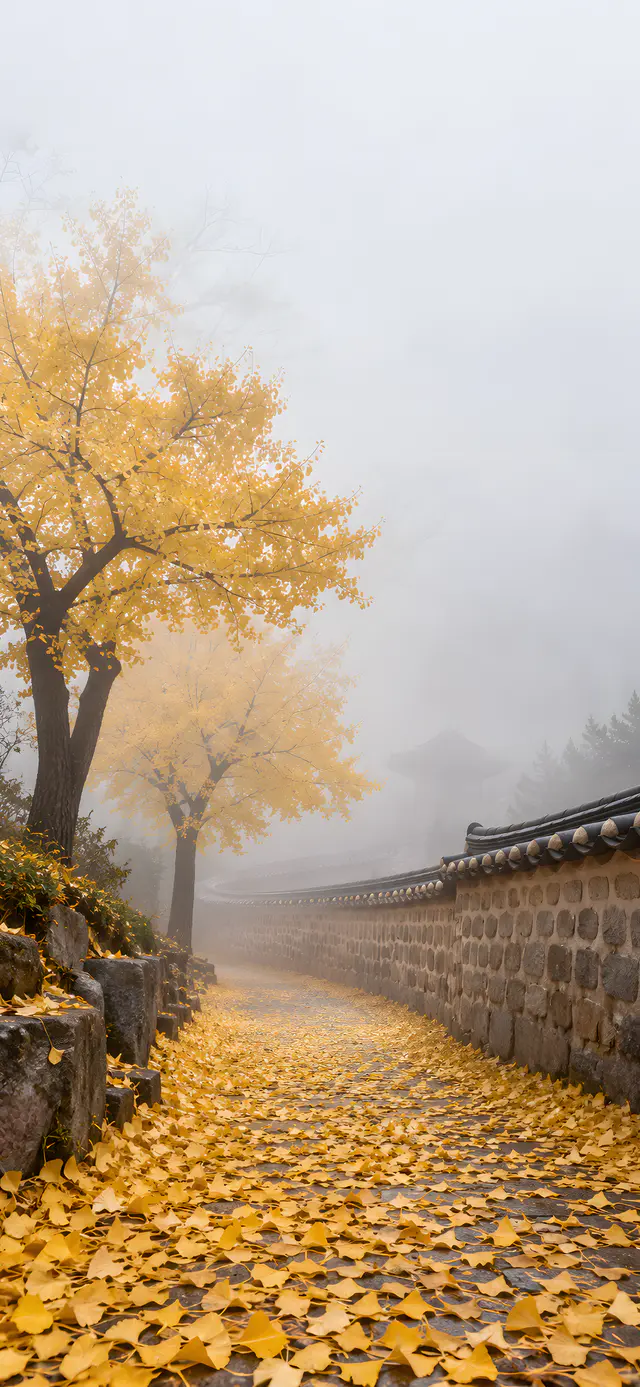 Ginkgo Path in Morning Fog